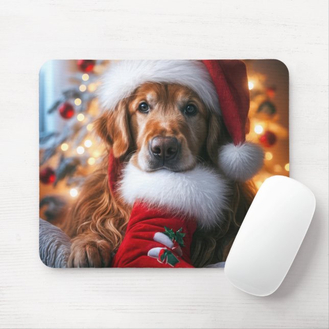 Golden Retriever With Christmas Stocking Mouse Pad (With Mouse)
