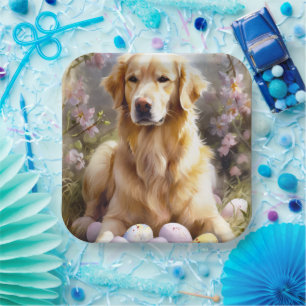 Golden Retriever with Easter Eggs Paper Plates