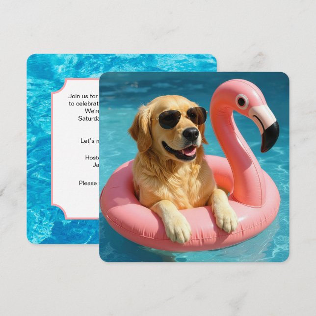 Golden Retriever With Flamingo Pool Party Invitation (Front/Back)