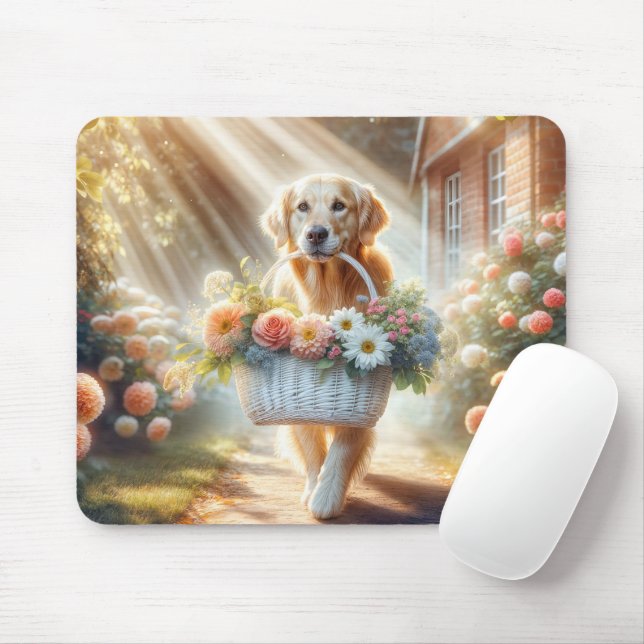 Golden Retriever With Flower Basket Mouse Pad (With Mouse)