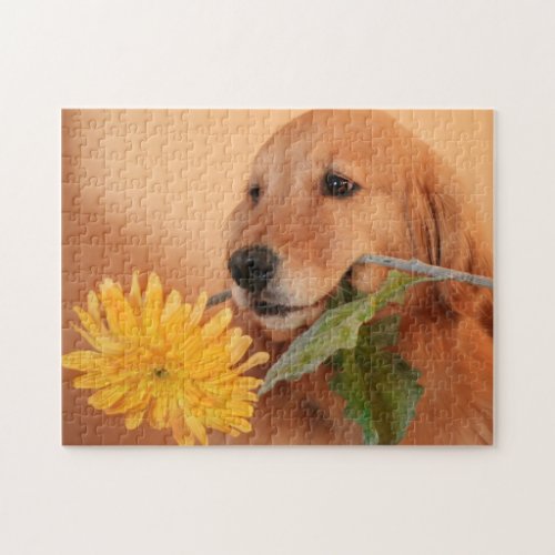 Golden Retriever With Flower Jigsaw Puzzle