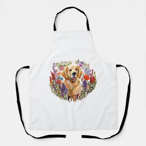 Golden retriever with flowers floral Embroidery vi Apron