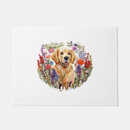 Golden retriever with flowers floral Embroidery vi Doormat