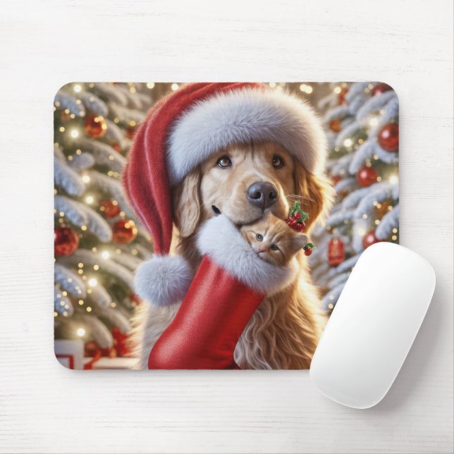 Golden Retriever With Ginger Kitten In a Stocking Mouse Pad (With Mouse)