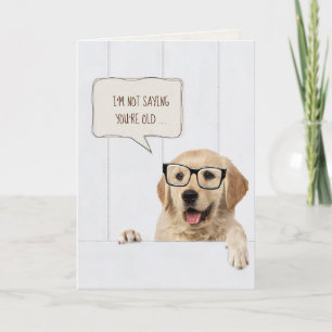 Golden Retriever with glasses on white wood Card