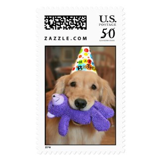 Golden Retriever With Happy Birthday Hat and Toy Postage