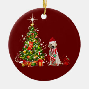 golden retriever With Hat Scaft Christmas Ceramic Ornament