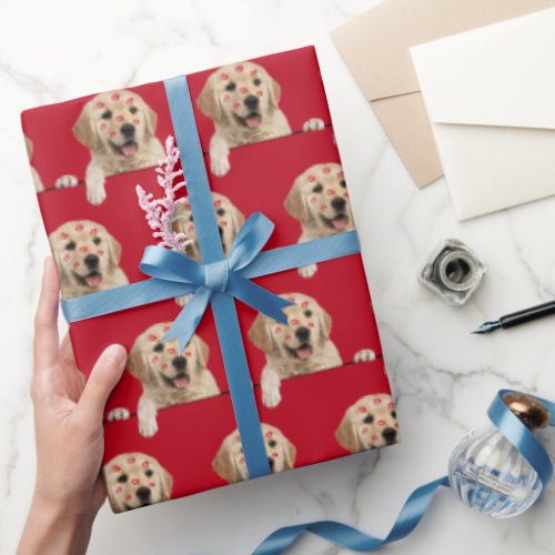 Golden Retriever with Lipstick Kisses  Wrapping Paper