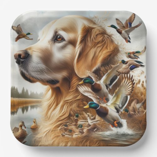 Golden Retriever With Mallard Ducks Paper Plates