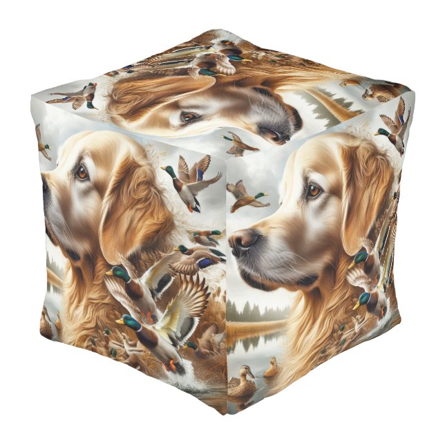 Golden Retriever With Mallard Ducks Pouf (Angled Back)