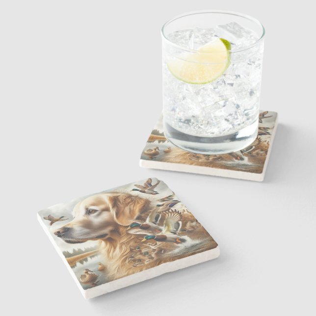 Golden Retriever With Mallard Ducks Stone Coaster (Side)