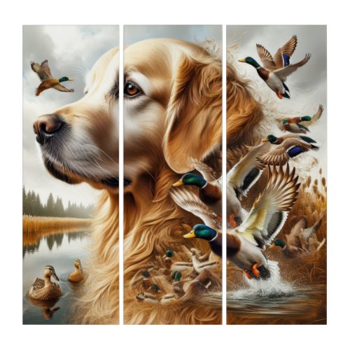 Golden Retriever With Mallard Ducks Triptych