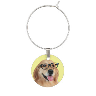 Golden Retriever With Nerd Glasses 2 Wine Glass Charm