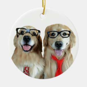 Golden Retriever With Nerd Glasses Ceramic Ornament