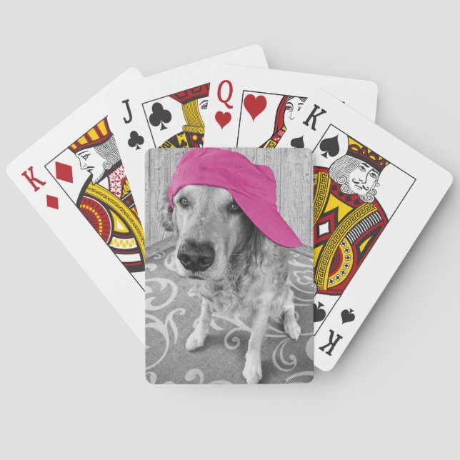 Golden Retriever with pink baseball cap Poker Cards (Back)