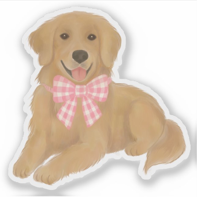 Golden Retriever with Pink Gingham Bow Party Favor Sticker (Front)
