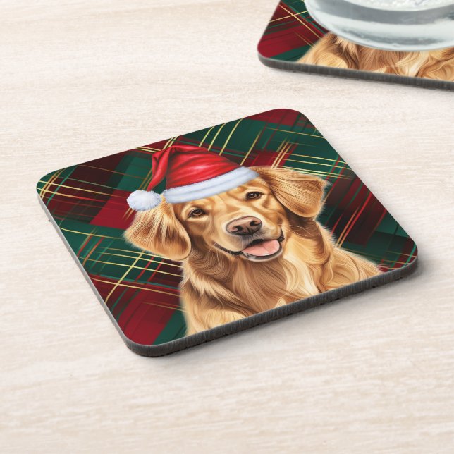 Golden Retriever with Red and Green Holiday Plaid Beverage Coaster (Left Side)