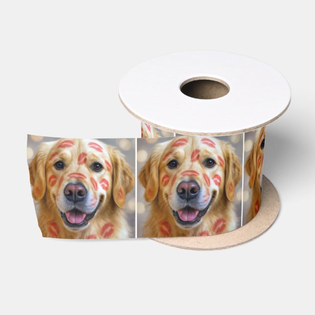 Golden Retriever with Red Lipstick Kisses Satin Ribbon (Spool)