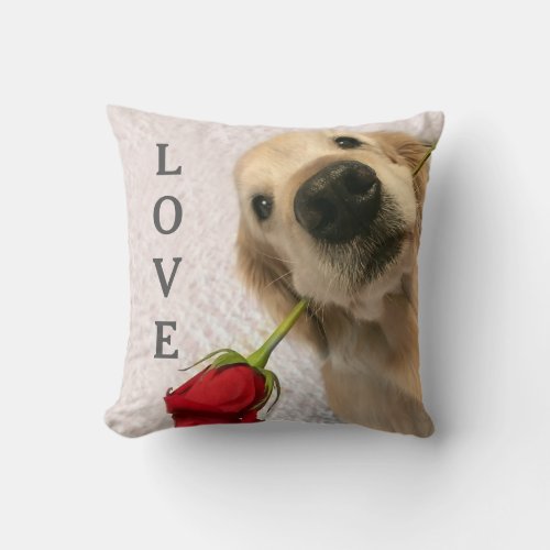 Golden Retriever With Red Rose Personalized Love Throw Pillow