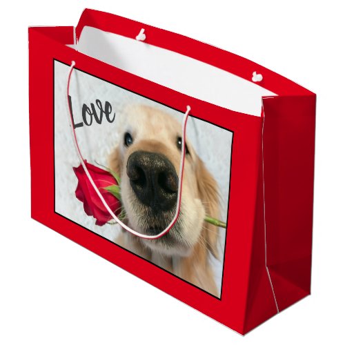 Golden Retriever With Red Rose Valentine Love Large Gift Bag