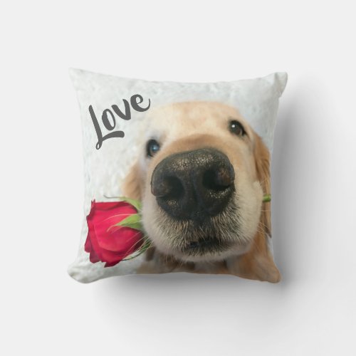 Golden Retriever With Red Rose Valentine Love Throw Pillow