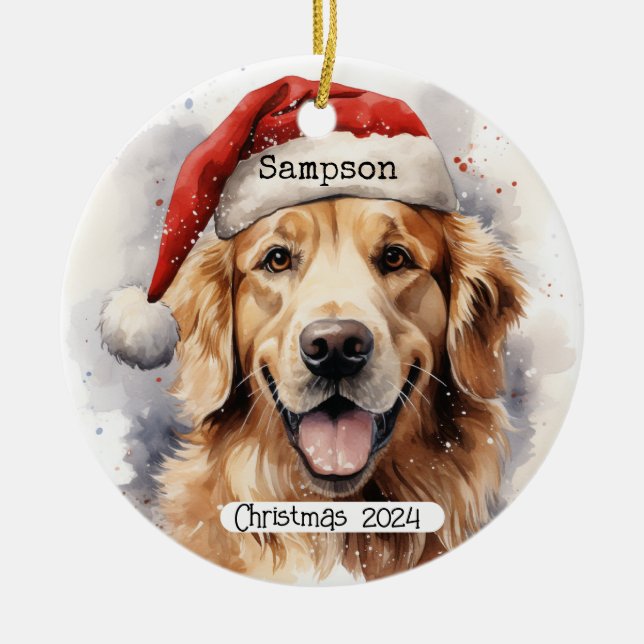 Golden Retriever With Santa Cap Ornament (Front)