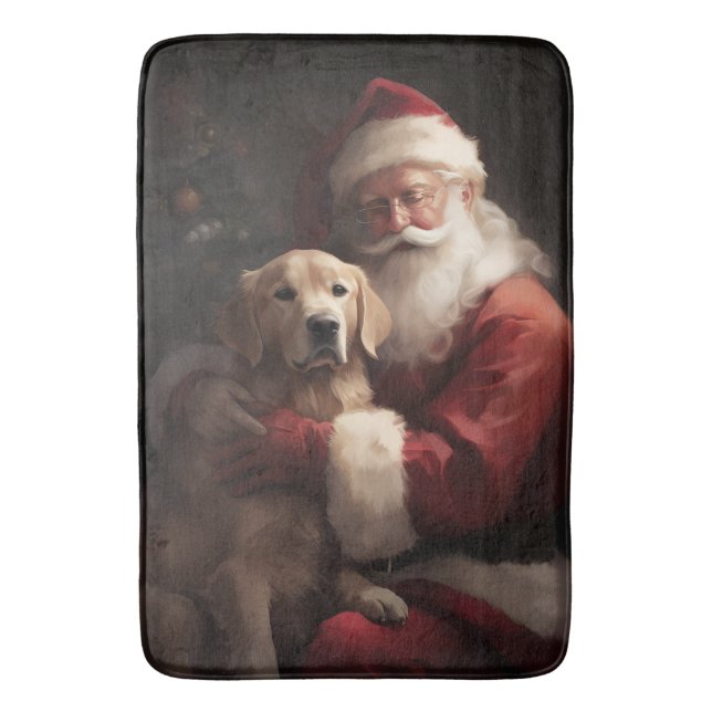 Golden Retriever With Santa Clause Christmas Bath Mat (Front Vertical)