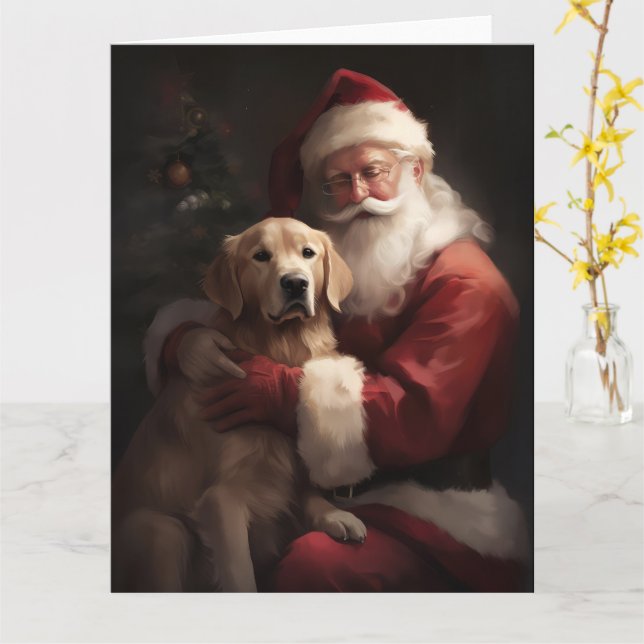 Golden Retriever With Santa Clause Christmas Card (Yellow Flower)