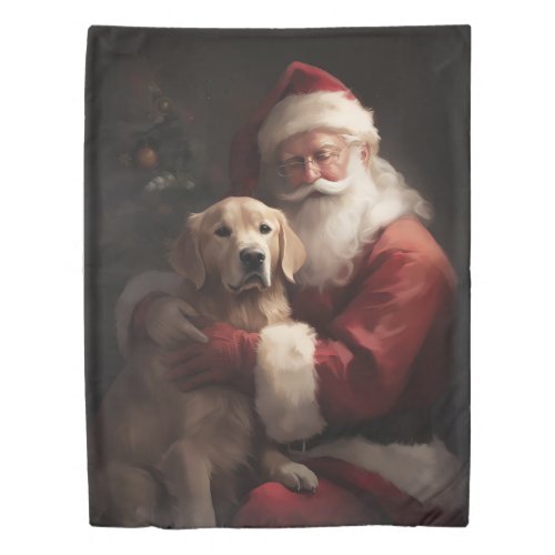 Golden Retriever With Santa Clause Christmas Duvet Cover