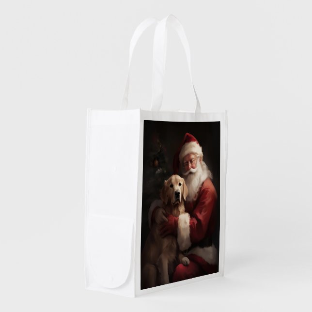 Golden Retriever With Santa Clause Christmas Grocery Bag (Front Side)