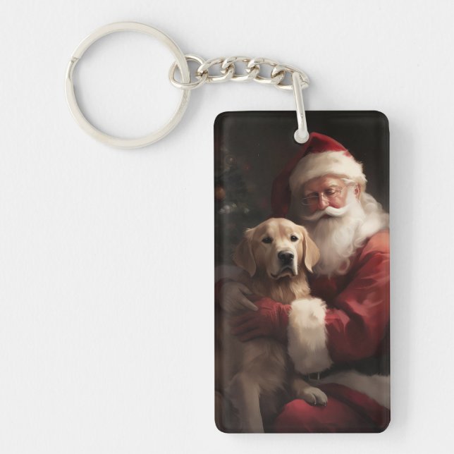 Golden Retriever With Santa Clause Christmas Keychain (Front)