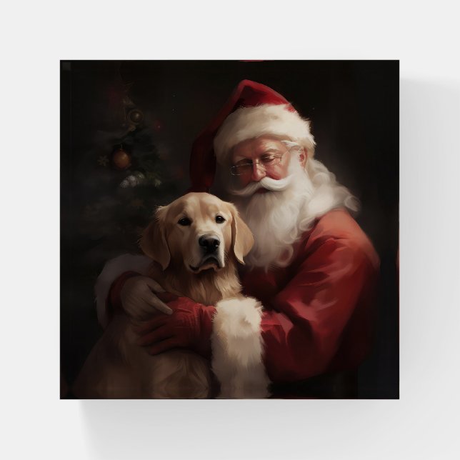 Golden Retriever With Santa Clause Christmas Paperweight (Front)