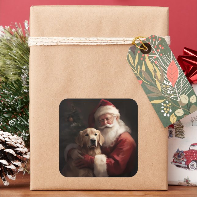 Golden Retriever With Santa Clause Christmas Square Sticker (Holiday)