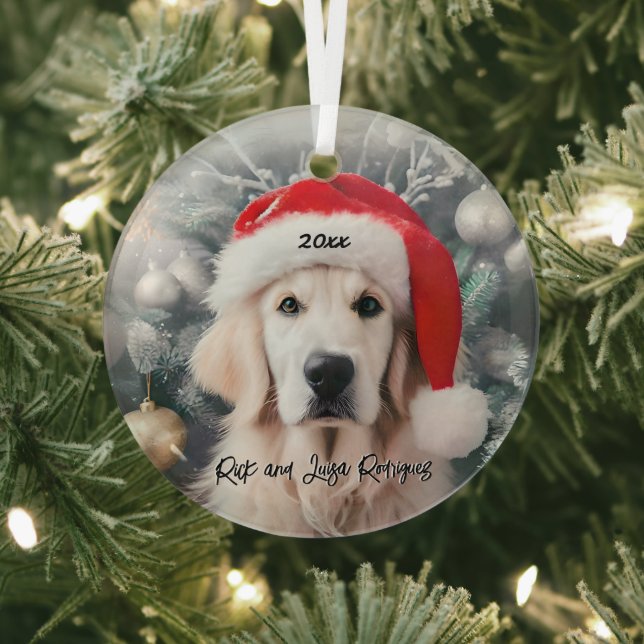 Golden Retriever with Santa Hat Glass Ornament (Insitu)