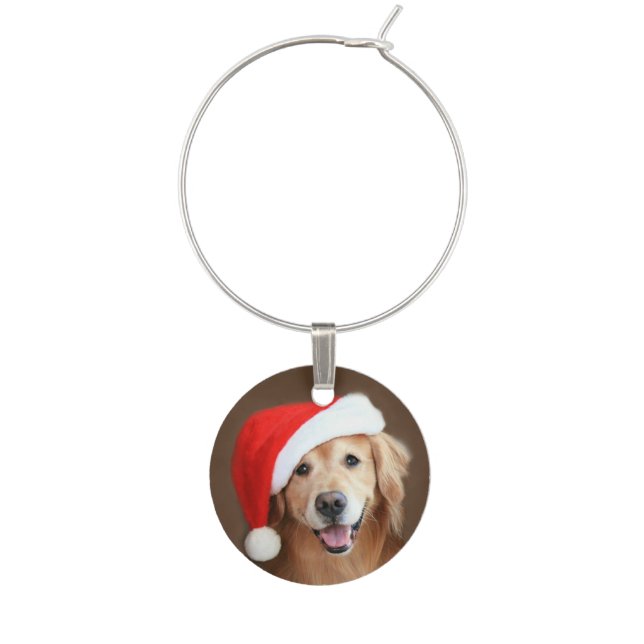 Golden Retriever With Santa Hat Wine Charm (Front)