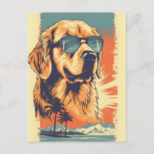 Golden-retriever with sunglasses at a beach postcard