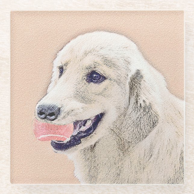 Golden Retriever with Tennis Ball Painting Dog Art Glass Coaster (Front)