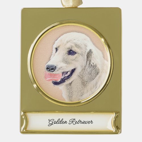 Golden Retriever with Tennis Ball Painting Dog Art Gold Plated Banner Ornament