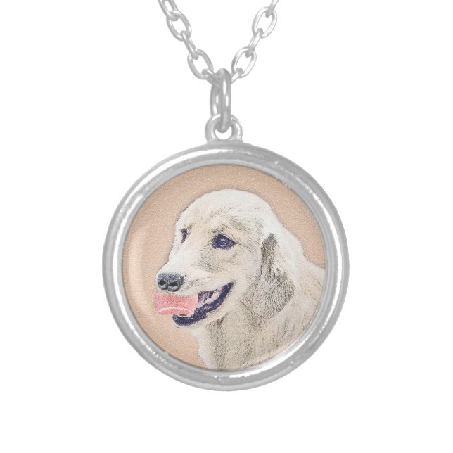 Golden Retriever with Tennis Ball Painting Dog Art Silver Plated Necklace (Front)