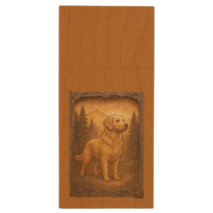 Golden Retriever Wooden Carving Style Print Wood Flash Drive