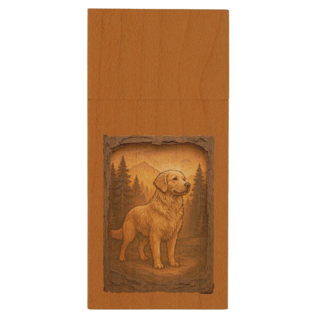Golden Retriever Wooden Carving Style Print Wood Flash Drive (Back (Vertical))