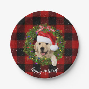 Golden retriever wreath on buffalo plaid paper plates