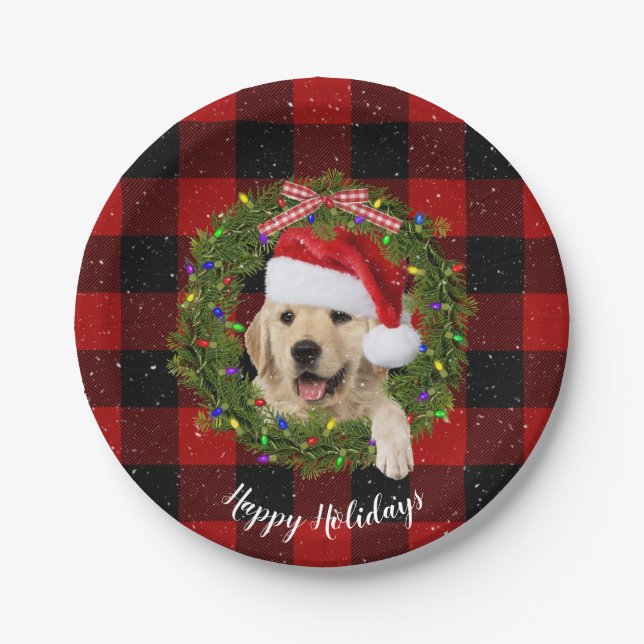 Golden retriever wreath on buffalo plaid paper plates (Front)