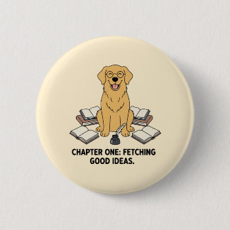 Golden Retriever Writer Cute Books Inkwell Design Button