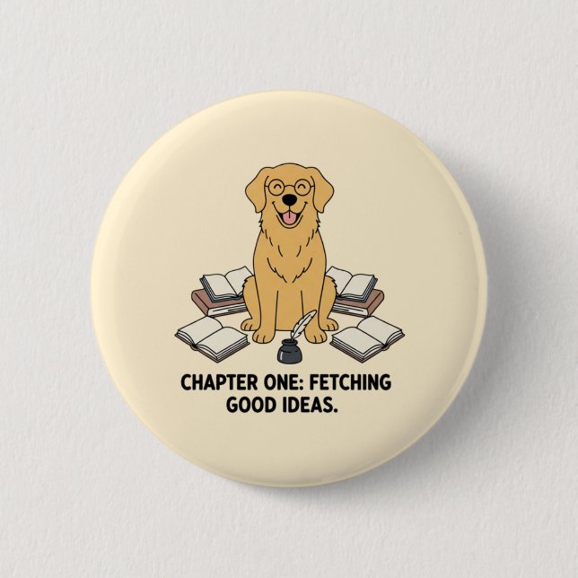 Golden Retriever Writer Cute Books Inkwell Design  Button (Front)