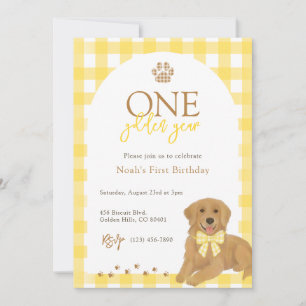 Golden Retriever Yellow Gingham First Birthday Invitation
