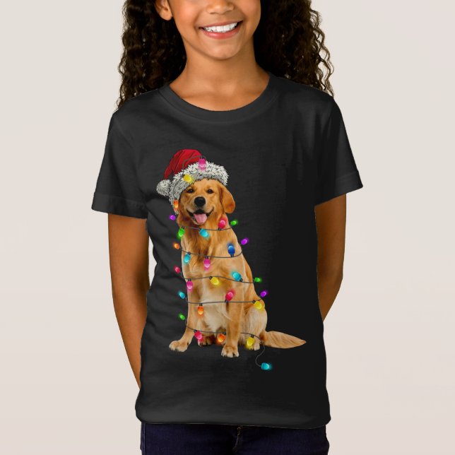 Golden Retrievers Christmas Lights Hat Santa Dog L T-Shirt (Front)