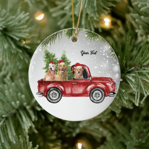 Golden Retrievers goldie dog mother red truck Pine Ceramic Ornament