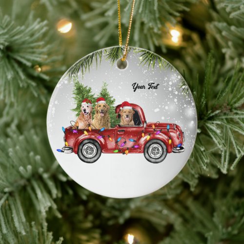 Golden Retrievers goldie dog mother red truck Pine Ceramic Ornament