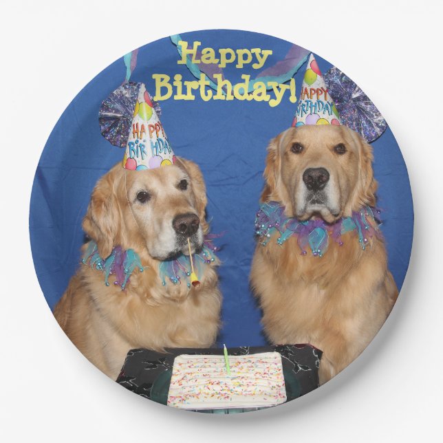 Golden Retrievers Happy Birthday Cake Paper Plates (Front)